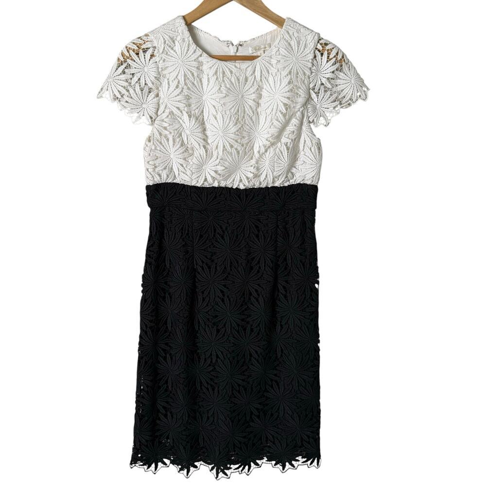 Shoshanna Floral Lace Sheath Cocktail Dress Short Sleeves Black and White, Sz 6